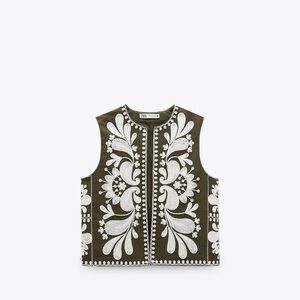 Zara Khaki Green Vest with White Embroidery